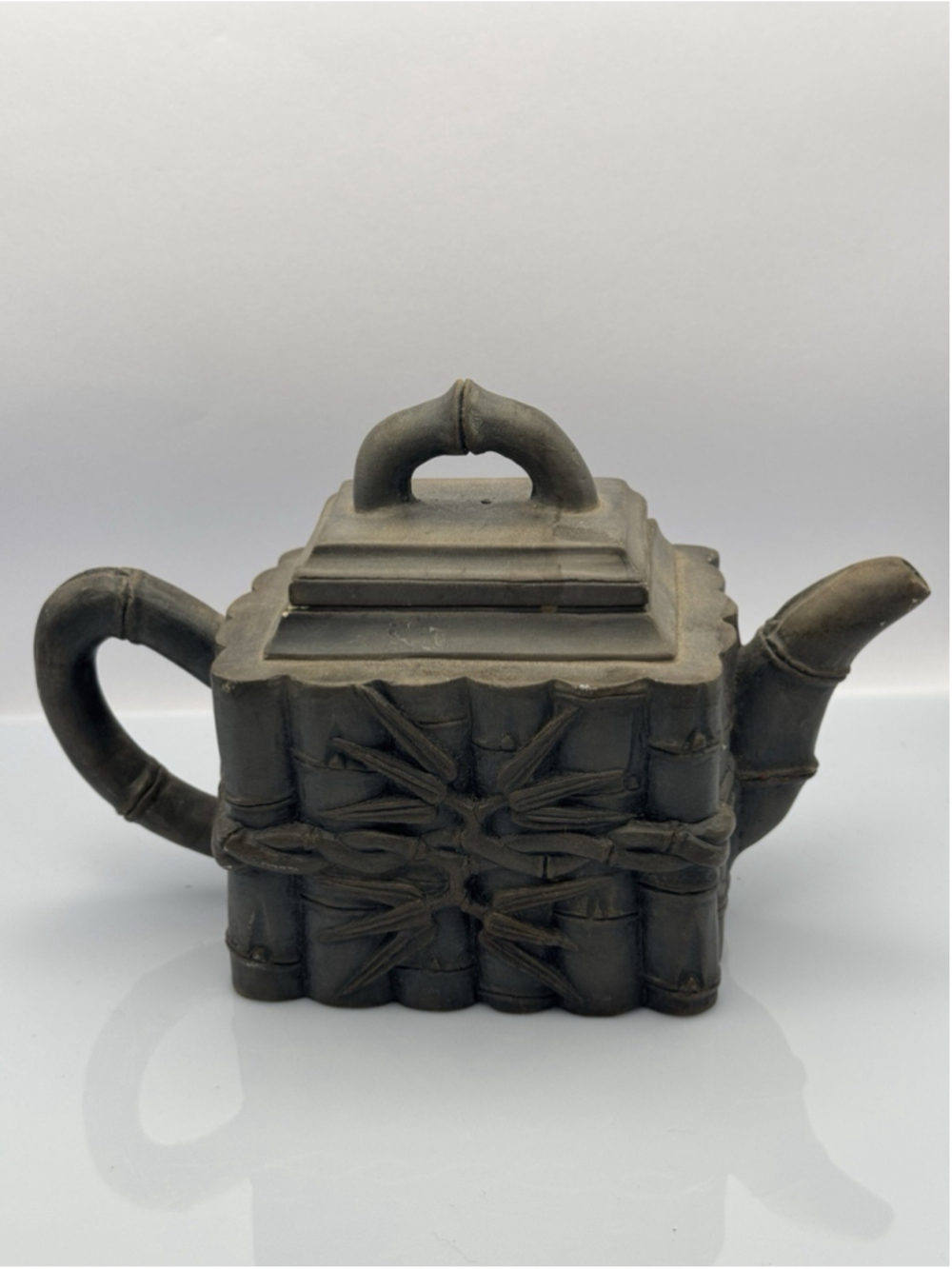 Chinese Dark Gray Pottery Teapot with Bamboo Relief Motif